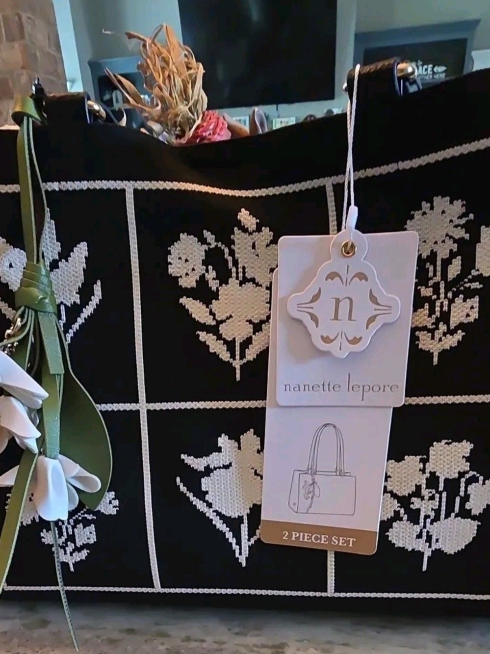 Nanette Lepore Black and White Floral Grid Tote with Green Accent